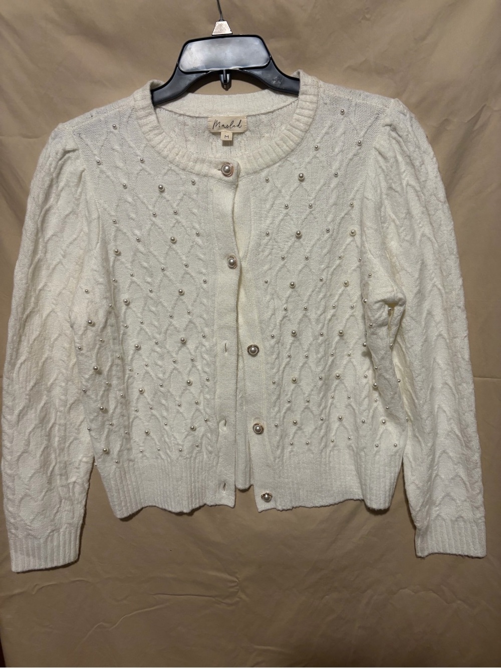 MARBLE Cream Pearl-Embellished Cable Knit Cardigan